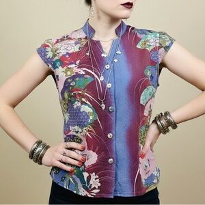 CITRON SANTA MONICA Vintage 100% Silk Japanese Fan Print Blouse